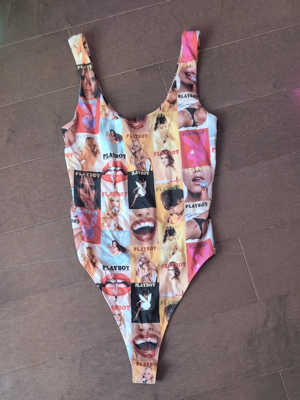 PLAYBOY Multicolor Graphic One-Piece Swimsuit – Pink, Yellow, Blue Accents